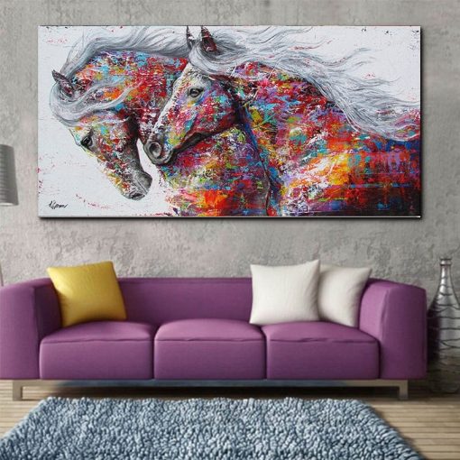 Two Running Horses Abstract Art Painting Printed on Canvas