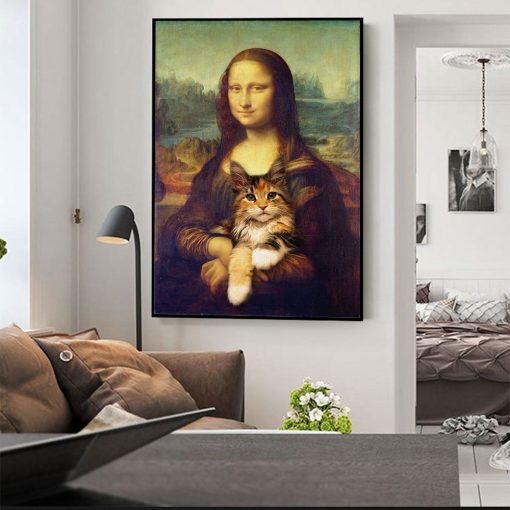 Mona Lisa Holding a Cat Funny Art Paintings on the Wall Art Posters and Prints Famous Art Classical Paintings For Living Room