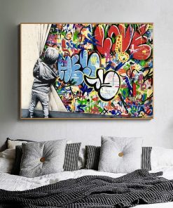 Classic Banksy Graffiti Street Art Behind The Curtain Printed on Canvas