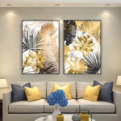 Golden Leaf Abstract Painting, Nordic Style Wall Art Home Decoration Printed on Canvas