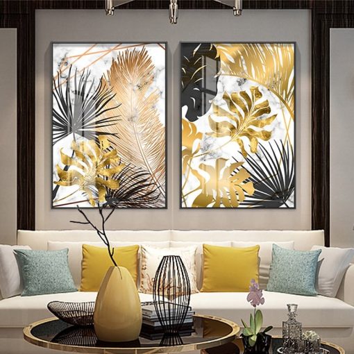 Golden Leaf Abstract Painting, Nordic Style Wall Art Home Decoration Printed on Canvas