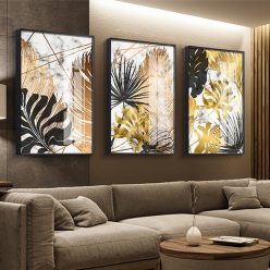 Golden Leaf Abstract Painting, Nordic Style Wall Art Home Decoration Printed on Canvas