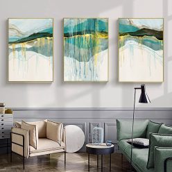 Gold Green Blue Abstract Art Painting, Wall Art Nordic Style Print on Canvas