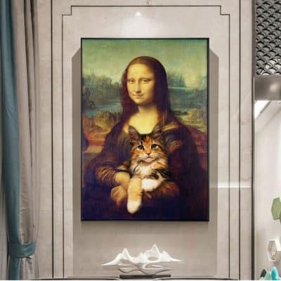 Mona Lisa Holding a Cat Funny Art Paintings On the Wall