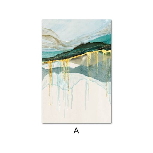 Gold Green Blue Abstract Art Painting, Wall Art Nordic Style Print on Canvas