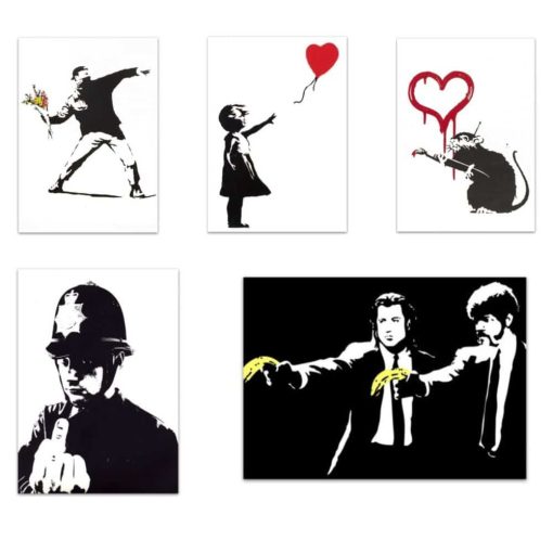 Banksy Graffiti Canvas Painting Black and White Wall Art Printed on Canvas