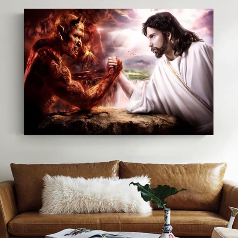 God Jesus vs Satan Devil Religion Wall Art Painting Printed on Canvas