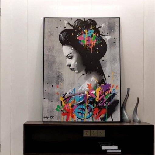 Japanese Woman Graffiti Art Paintings on the Wall Art Posters and Prints Sexy Woman Street Art Pictures Home Wall Decoration