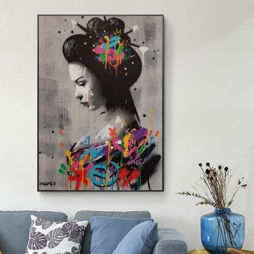 Japanese Woman Graffiti Art Paintings on the Wall Art Posters and Prints Sexy Woman Street Art Pictures Home Wall Decoration