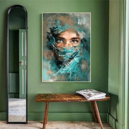 Abstract Woman Portrait With Green Veil Canvas Wall Art Poster And Prints Painting Watercolour Picture For Living Room Decor