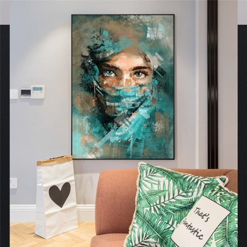 Abstract Woman Portrait With Green Veil Canvas Wall Art Poster And Prints Painting Watercolour Picture For Living Room Decor