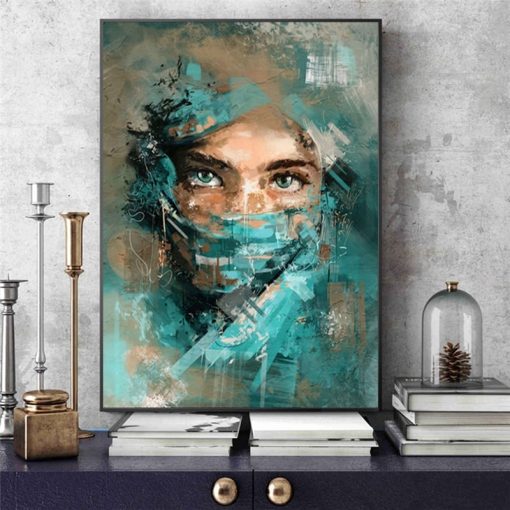 Abstract Woman Portrait With Green Veil Canvas Wall Art Poster And Prints Painting Watercolour Picture For Living Room Decor