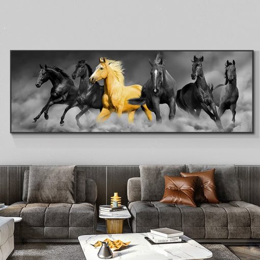 Modern God and Black Six Horses Running Oil Painting HD Print on Canvas Poster Wall Art Picture for Living Room Sofa Cuadros