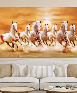 Seven Running White Horses Artistic Painting Printed on Canvas