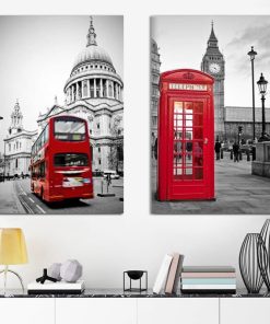 Traditional British Red Telephone Box and Red Double-Decker Bus in London, Pictures Printed on Canvas