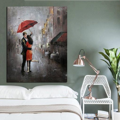 Romance Oil Painting Couple with Umbrella on Rainy Day