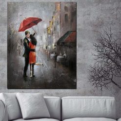 Romance Oil Painting Couple with Umbrella on Rainy Day