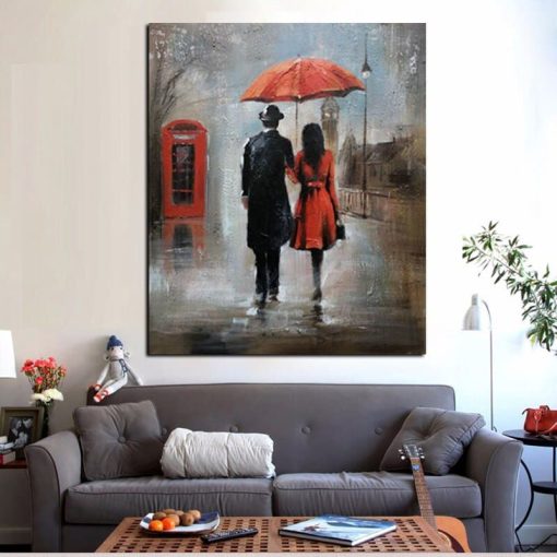 Romance Oil Painting Couple with Umbrella on Rainy Day