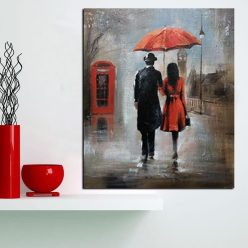 Romance Oil Painting Couple with Umbrella on Rainy Day