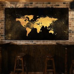 Abstract Black and Gold Color World Map Painting Printed on Canvas