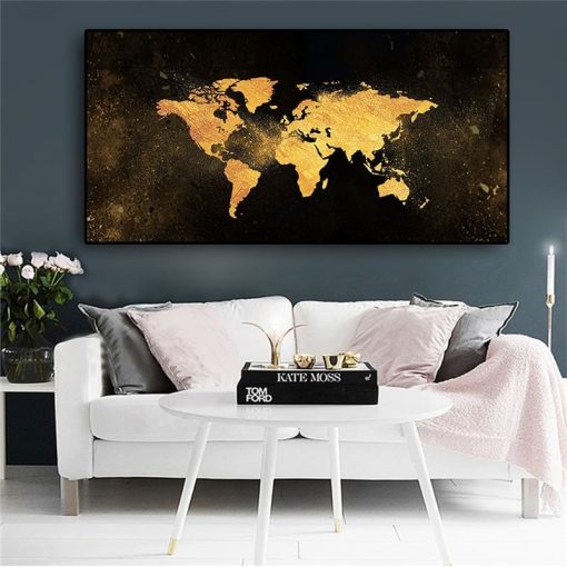 Abstract Black and Gold Color World Map Painting Printed on Canvas