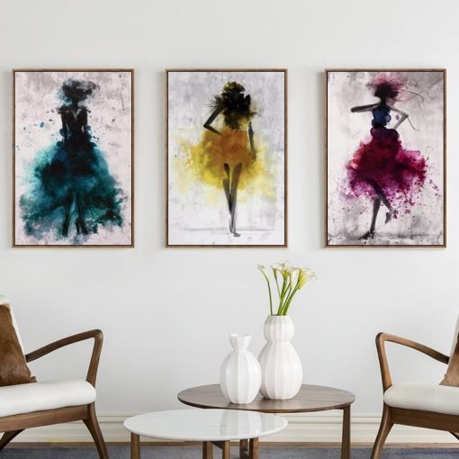 Elegant Dancing Skirt Girl Abstract Watercolor Paintings Printed on Canvas