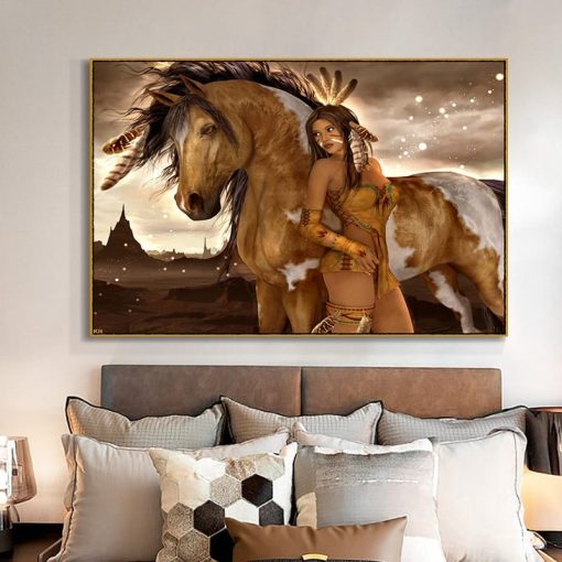 Native Indian Girl with Horse Oil Painting Printed on Canvas