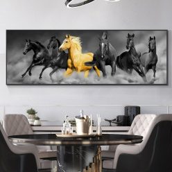 Modern God and Black Six Horses Running Oil Painting HD Print on Canvas Poster Wall Art Picture for Living Room Sofa Cuadros