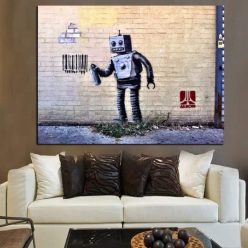 Robot and Barcode Abstract Street Graffiti from Banksy Printed on Canvas