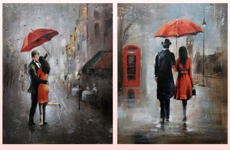 Romance Couple with Umbrella on Rainy Day