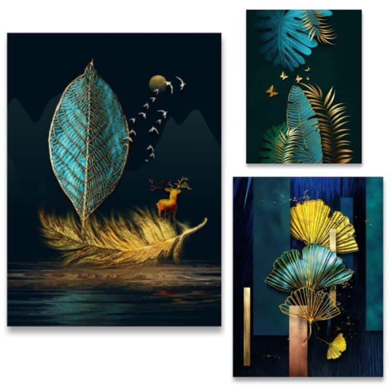 Blue Green and Gold Leaves Abstract Art Painting Printed on Canvas