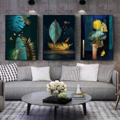 Blue Green and Gold Leaves Abstract Art Painting Printed on Canvas