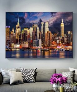 Sunset Cloud New York City Buildings Painting Printed on Canvas