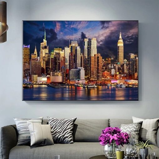 Sunset Cloud New York City Buildings Painting Printed on Canvas