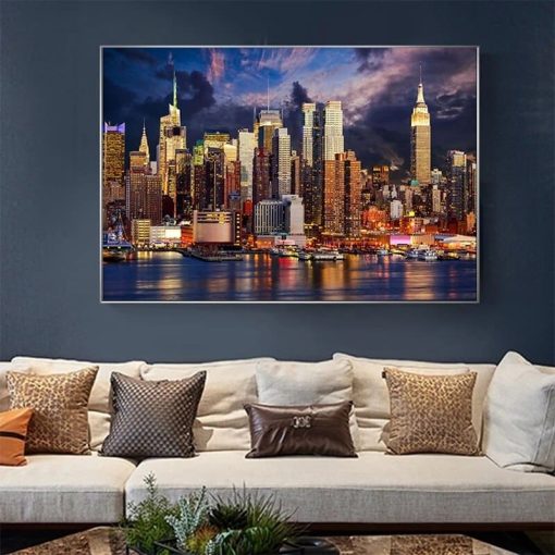 Sunset Cloud New York City Buildings Painting Printed on Canvas