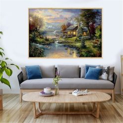 Farmhouse Landscape By Thomas Kinkade Oil Painting Canvas Nature Posters and Prints Wall Art Pictures for Living Room Home Decor