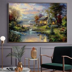 Farmhouse Landscape By Thomas Kinkade Oil Painting Canvas Nature Posters and Prints Wall Art Pictures for Living Room Home Decor