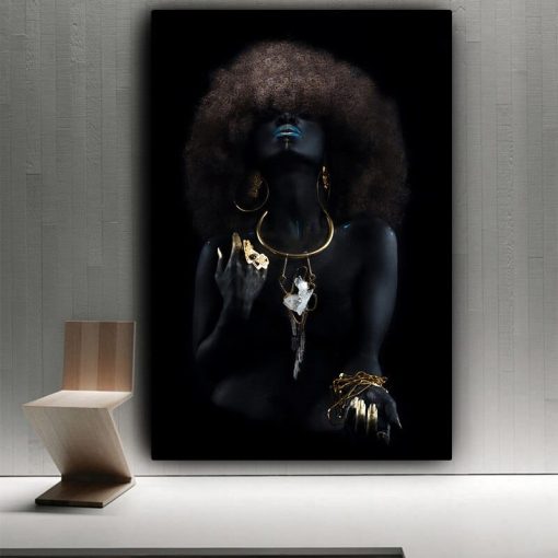 Modern Fluffy Hair African Black Women Golden Finger Oil Painting on Canvas Art Wall Posters and Prints for Living Room Decor