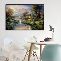 Farmhouse Landscape By Thomas Kinkade Oil Painting Canvas Nature Posters and Prints Wall Art Pictures for Living Room Home Decor