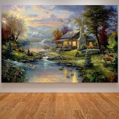 Farmhouse Landscape By Thomas Kinkade Oil Painting Canvas Nature Posters and Prints Wall Art Pictures for Living Room Home Decor