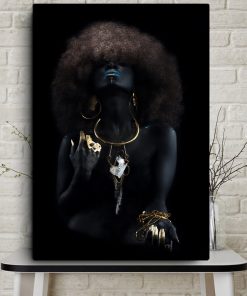 Modern Fluffy Hair African Black Women Golden Finger Oil Painting on Canvas Art Wall Posters and Prints for Living Room Decor