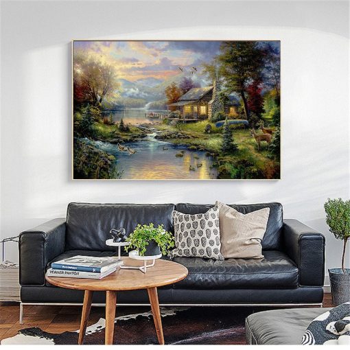 Farmhouse Landscape By Thomas Kinkade Oil Painting Canvas Nature Posters and Prints Wall Art Pictures for Living Room Home Decor