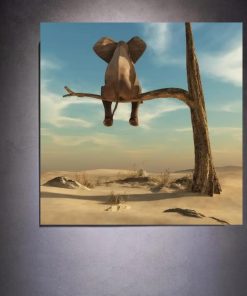 Elephant Sits On Tree Branch Surrealism Painting Printed on Canvas