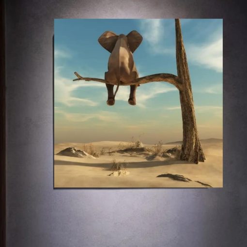 Elephant Sits On Tree Branch Surrealism Painting Printed on Canvas