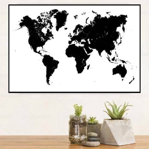 Black and White World Map Printed on Canvas