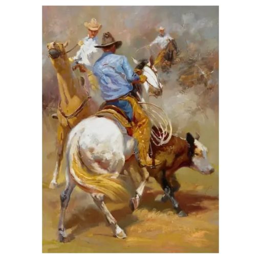 Oil Paintings Cowboys Herding the Cows Printed on Canvas - Image 5