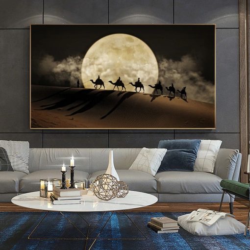 Moon Night and Camels in Desert Printed on Canvas