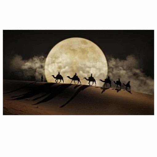 Moon Night and Camels in Desert Printed on Canvas - Image 2