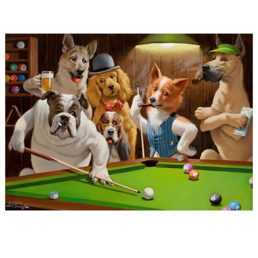 Dogs Playing Billiard and Poker Fun Paintings Printed on Canvas - Image 2