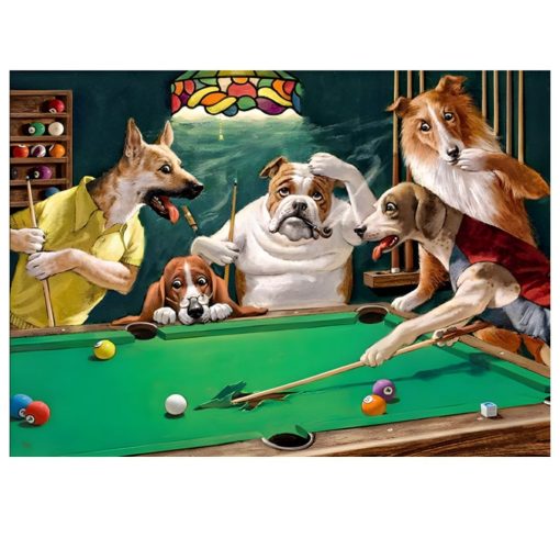 Dogs Playing Billiard and Poker Fun Paintings Printed on Canvas - Image 4